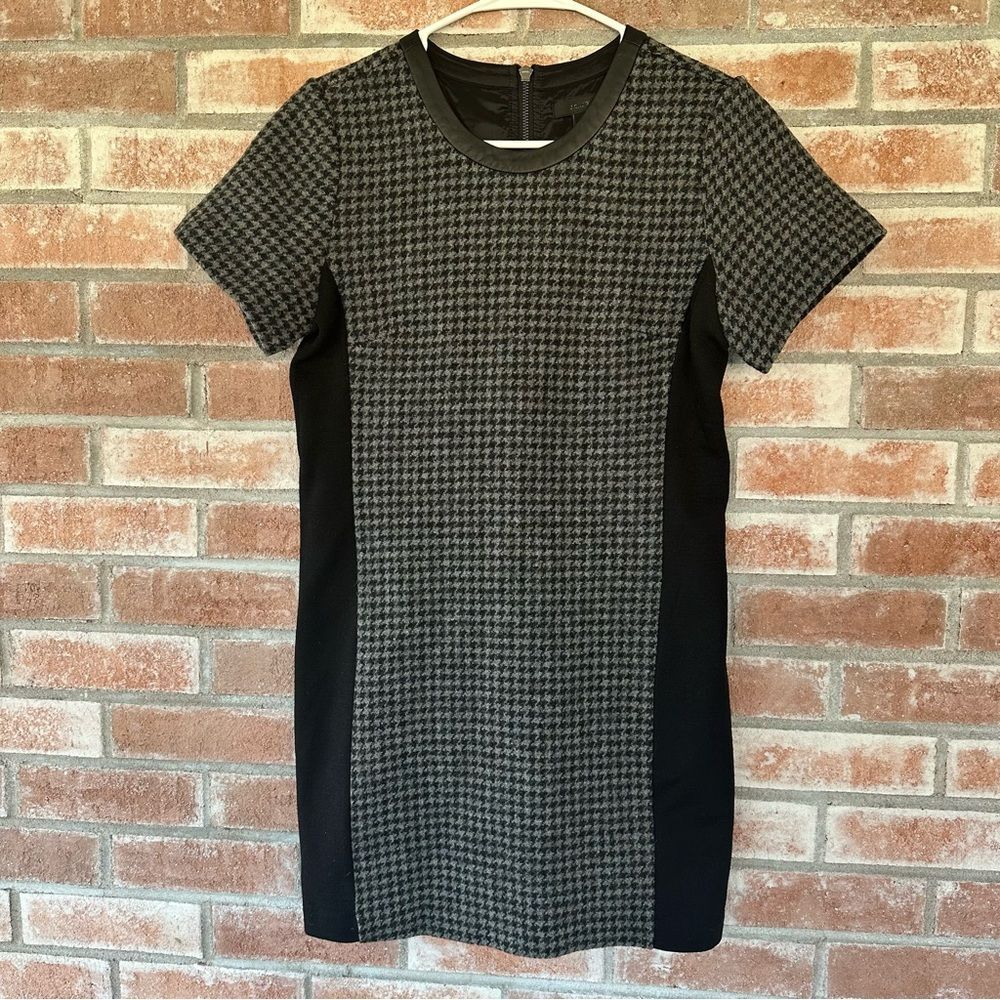 J. Crew Wool Leather Houndstooth Shift Dress NEW Women’s 6 Petite Gray Black